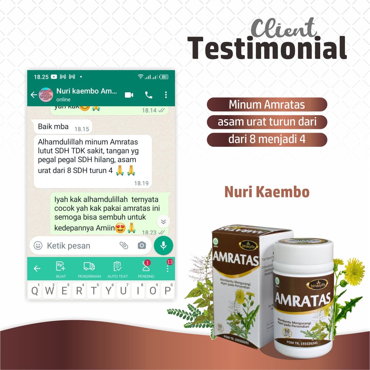 Testimony Amratas 1 - Nuri Kaembo AMRATAS - Herbal Asam Urat & Nyeri Sendi